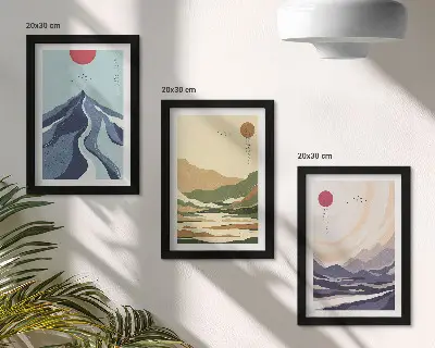 Įrėmintų paveikslų rinkinys kalnų motyvai pastelinėmis spalvomis japonišku stiliumi