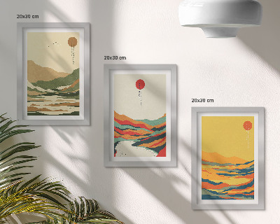 3 paveikslų rinkinys su rėmais Spalvingi kalnų ir upių raštai japonišku stiliumi