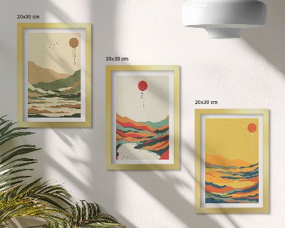 3 paveikslų rinkinys su rėmais Spalvingi kalnų ir upių raštai japonišku stiliumi