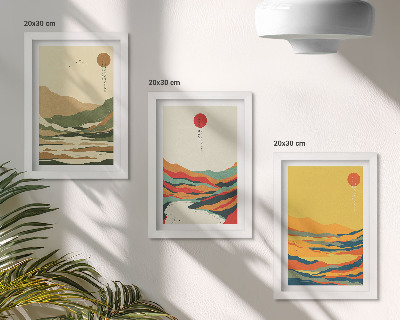 3 paveikslų rinkinys su rėmais Spalvingi kalnų ir upių raštai japonišku stiliumi