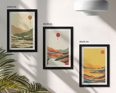 3 paveikslų rinkinys su rėmais Spalvingi kalnų ir upių raštai japonišku stiliumi
