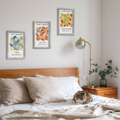 3 paveikslų rinkinys su rėmais Vaisių plakatai su citrinomis, apelsinais ir braškėmis