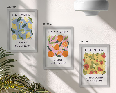 3 paveikslų rinkinys su rėmais Vaisių plakatai su citrinomis, apelsinais ir braškėmis