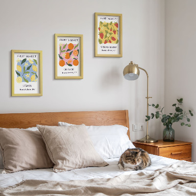 3 paveikslų rinkinys su rėmais Vaisių plakatai su citrinomis, apelsinais ir braškėmis