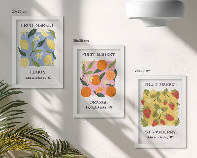 3 paveikslų rinkinys su rėmais Vaisių plakatai su citrinomis, apelsinais ir braškėmis