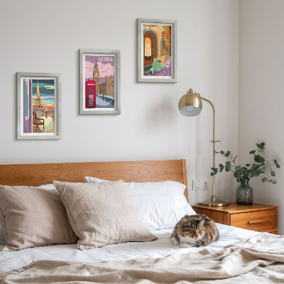 Įrėmintų paveikslų rinkinys Retro stiliaus Paryžiaus, Londono ir Prancūzijos miesto peizažai