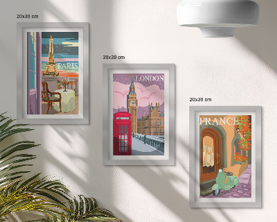 Įrėmintų paveikslų rinkinys Retro stiliaus Paryžiaus, Londono ir Prancūzijos miesto peizažai