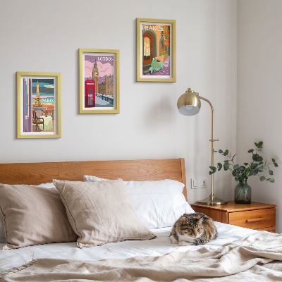 Įrėmintų paveikslų rinkinys Retro stiliaus Paryžiaus, Londono ir Prancūzijos miesto peizažai