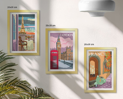 Įrėmintų paveikslų rinkinys Retro stiliaus Paryžiaus, Londono ir Prancūzijos miesto peizažai