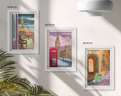 Įrėmintų paveikslų rinkinys Retro stiliaus Paryžiaus, Londono ir Prancūzijos miesto peizažai