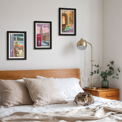 Įrėmintų paveikslų rinkinys Retro stiliaus Paryžiaus, Londono ir Prancūzijos miesto peizažai