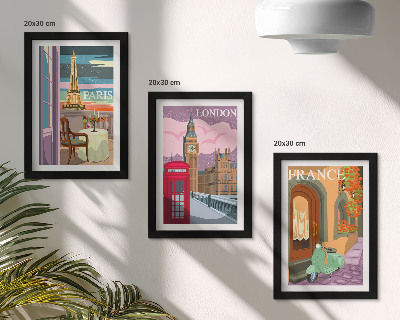 Įrėmintų paveikslų rinkinys Retro stiliaus Paryžiaus, Londono ir Prancūzijos miesto peizažai
