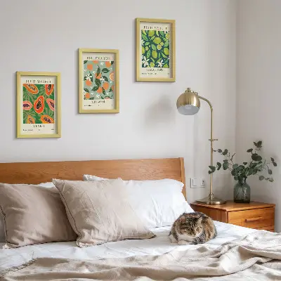 Vintažinių plakatų su vaisių raštais rinkinys 3 paveikslų rinkinys su rėmais