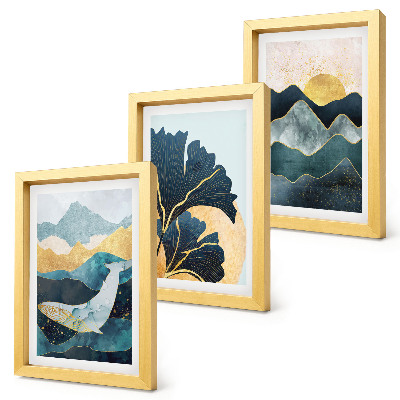 3 paveikslų rinkinys su rėmais Abstraktūs estetiniai vaizdai su kalnais ir augalais