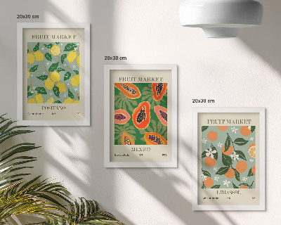 Įrėmintų paveikslų rinkinys Vaisių plakatai, citrinos, papajos, mandarinai, gėlės