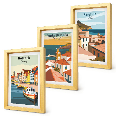 3 paveikslų rinkinys su rėmais Europos pakrančių ir uostamiesčių vaizdai