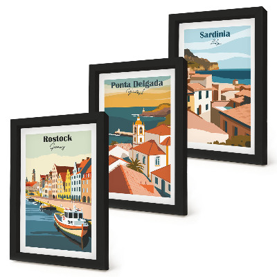 3 paveikslų rinkinys su rėmais Europos pakrančių ir uostamiesčių vaizdai