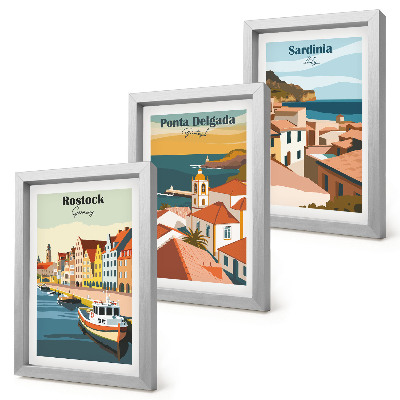 3 paveikslų rinkinys su rėmais Europos pakrančių ir uostamiesčių vaizdai