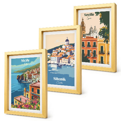 3 paveikslų rinkinys su rėmais Europos miestų peizažai su spalvingais pastatais