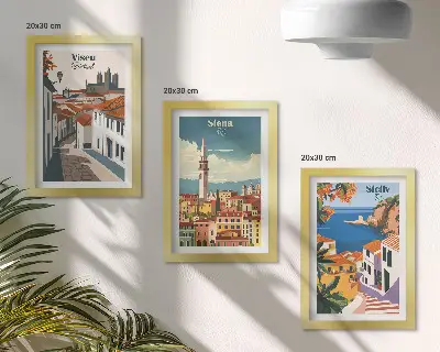 Įrėmintų paveikslų rinkinys su garsių pasaulio miestų retro iliustracijomis