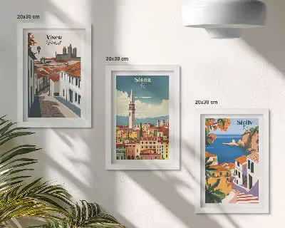Įrėmintų paveikslų rinkinys su garsių pasaulio miestų retro iliustracijomis