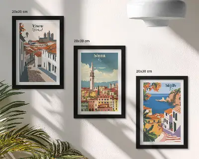 Įrėmintų paveikslų rinkinys su garsių pasaulio miestų retro iliustracijomis