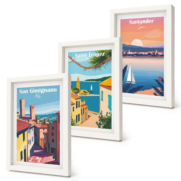 3 paveikslų rinkinys su rėmais Italijos miesteliai ir retro pajūrio peizažai