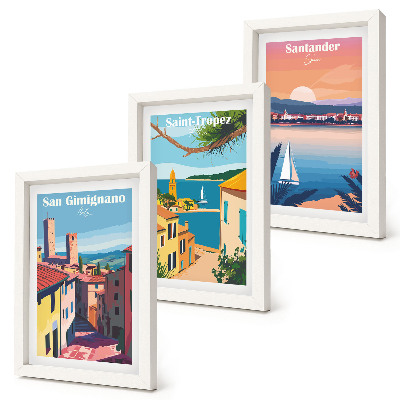 3 paveikslų rinkinys su rėmais Italijos miesteliai ir retro pajūrio peizažai