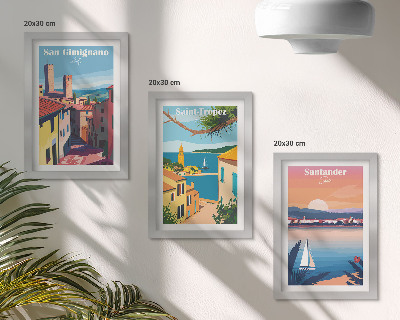 3 paveikslų rinkinys su rėmais Italijos miesteliai ir retro pajūrio peizažai