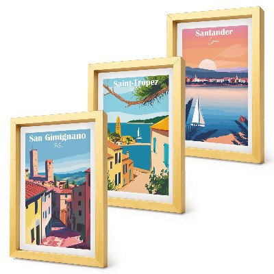 3 paveikslų rinkinys su rėmais Italijos miesteliai ir retro pajūrio peizažai