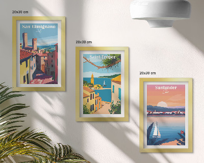 3 paveikslų rinkinys su rėmais Italijos miesteliai ir retro pajūrio peizažai