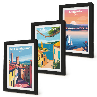 3 paveikslų rinkinys su rėmais Italijos miesteliai ir retro pajūrio peizažai