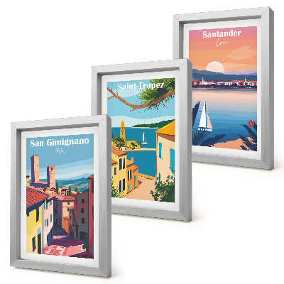 3 paveikslų rinkinys su rėmais Italijos miesteliai ir retro pajūrio peizažai