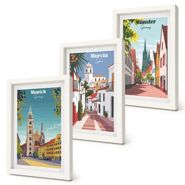 Europos miestų iliustracijų paveikslų rinkinys 3 dalių komplektas su rėmais
