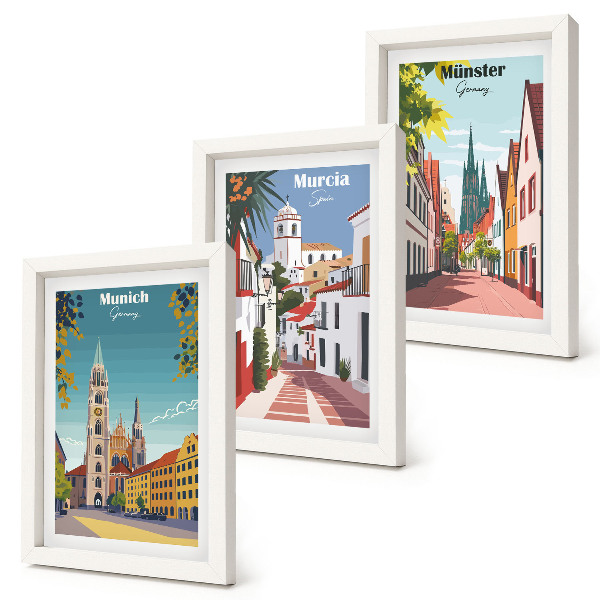 3 paveikslų rinkinys su rėmais Europos miestai spalvingose ​​iliustracijose