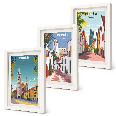 3 paveikslų rinkinys su rėmais Europos miestai spalvingose ​​iliustracijose