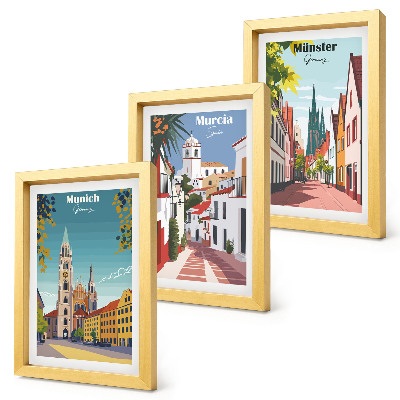 3 paveikslų rinkinys su rėmais Europos miestai spalvingose ​​iliustracijose