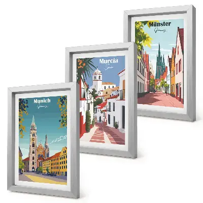 Europos miestų iliustracijų paveikslų rinkinys 3 dalių komplektas su rėmais