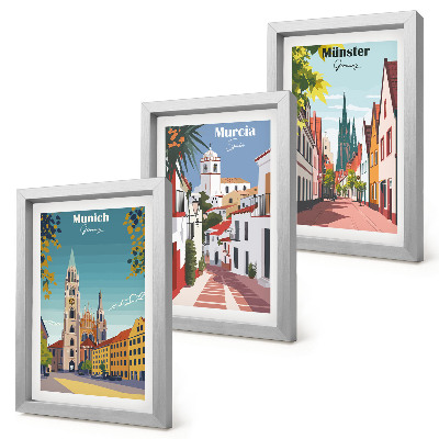 3 paveikslų rinkinys su rėmais Europos miestai spalvingose ​​iliustracijose