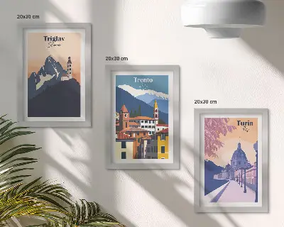 3 paveikslų rinkinys su rėmais spalvingos kalnų ir retro architektūros iliustracijos