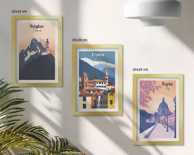 3 paveikslų rinkinys su rėmais spalvingos kalnų ir retro architektūros iliustracijos