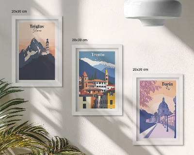 3 paveikslų rinkinys su rėmais Kalnų ir retro architektūros spalvingos iliustracijos