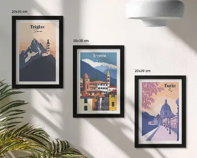 3 paveikslų rinkinys su rėmais spalvingos kalnų ir retro architektūros iliustracijos