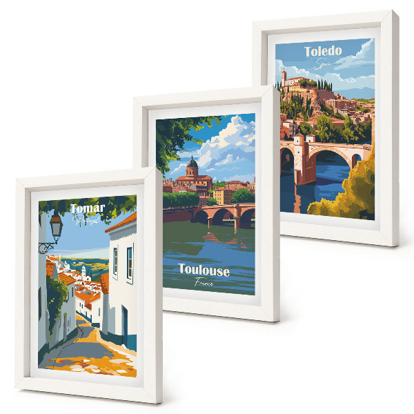 Įrėmintų paveikslų rinkinys Retro stiliaus garsių miestų grafika