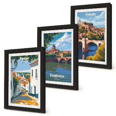 Įrėmintų paveikslų rinkinys Retro stiliaus garsių miestų grafika