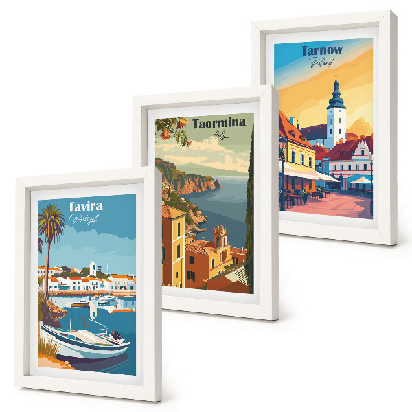 3 paveikslų rinkinys su rėmais Pakrantės miestų ir jų architektūros vaizdai