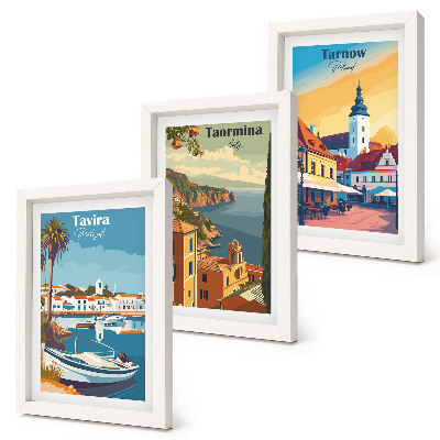 3 paveikslų rinkinys su rėmais Pakrantės miestų ir jų architektūros vaizdai