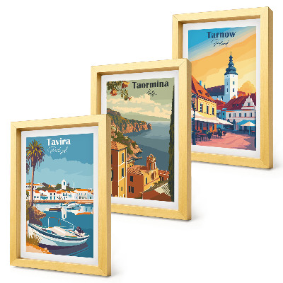 3 paveikslų rinkinys su rėmais Pakrantės miestų ir jų architektūros vaizdai