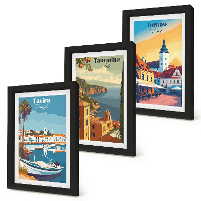 3 paveikslų rinkinys su rėmais Pakrantės miestų ir jų architektūros vaizdai