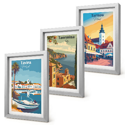 3 paveikslų rinkinys su rėmais Pakrantės miestų ir jų architektūros vaizdai